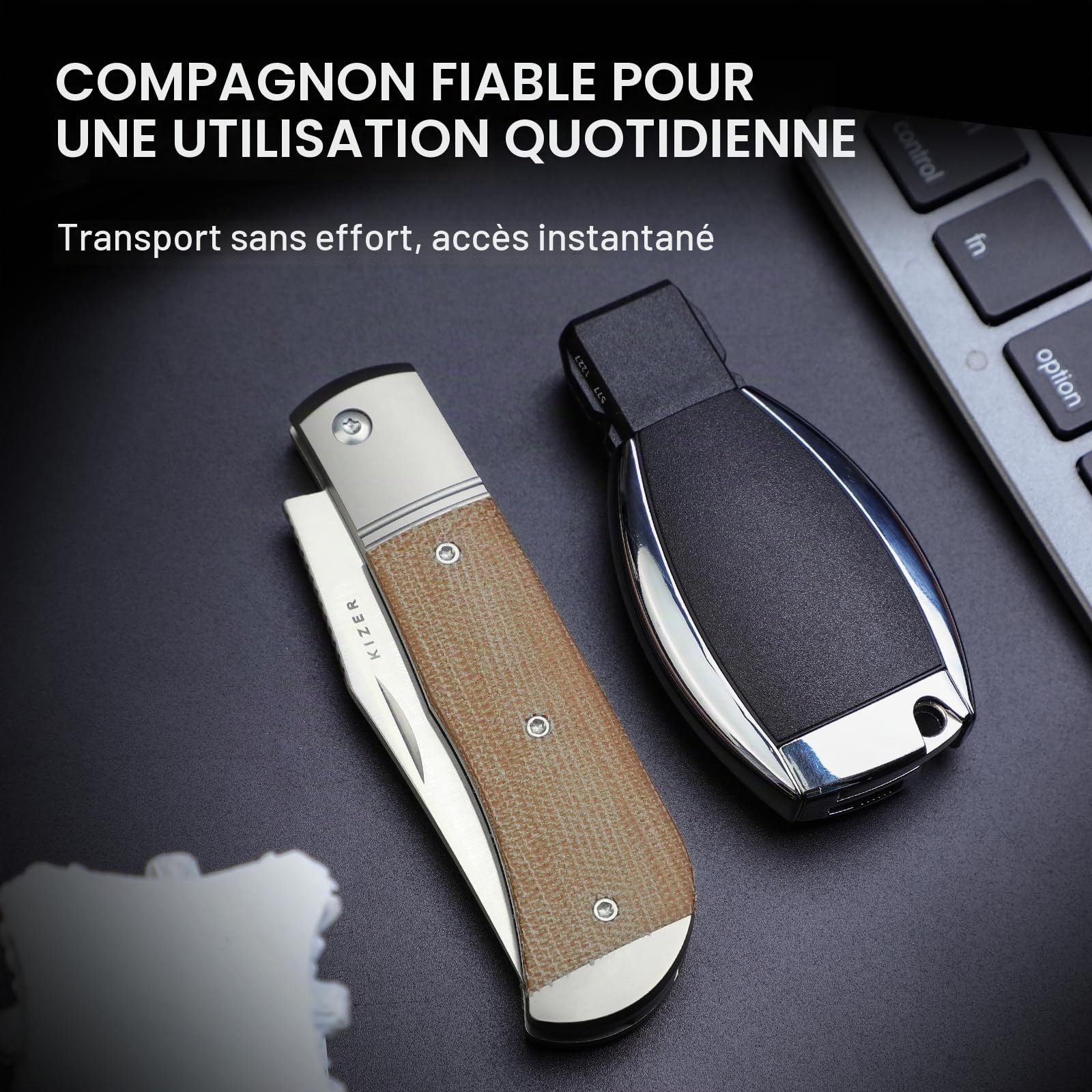 Kizer Trestle Couteau de Poche, Lame 7,35 CM 14C28N Couteau EDC Slip Joint avec Manche en Titane Argenté et Micarta Marron, Petits Couteaux Pliants avec Ouvre-Boîte, V3761A1