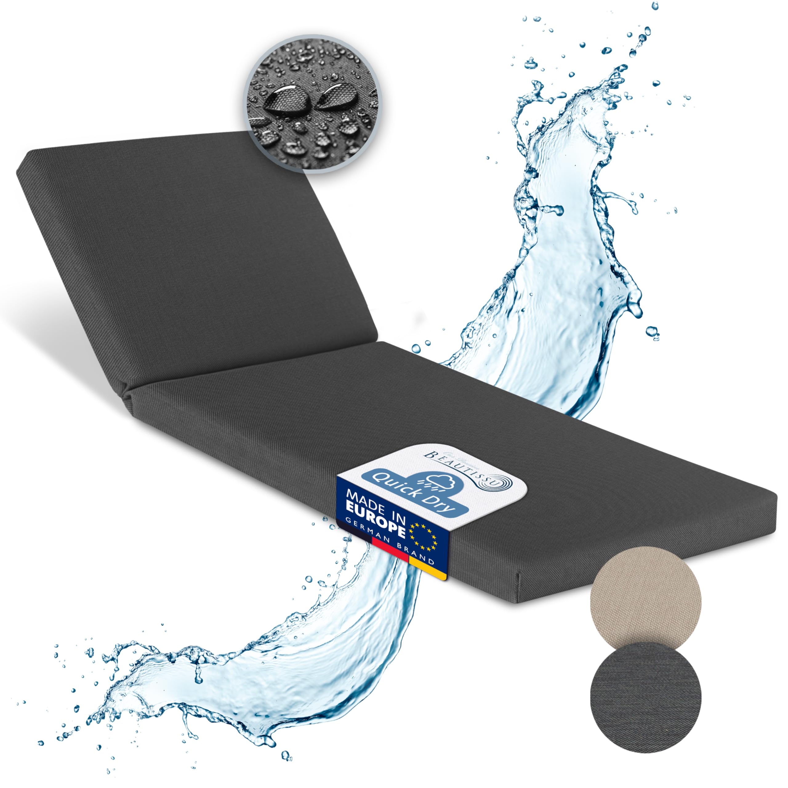 Beautissu Anthracite Sun Lounger Cushion Only Waterproof 190X60 Cm - Outdoor Deckchair Garden Recliner Cushions For Garden Furniture Loungers Weatherproof - Washable Cushion-Cover