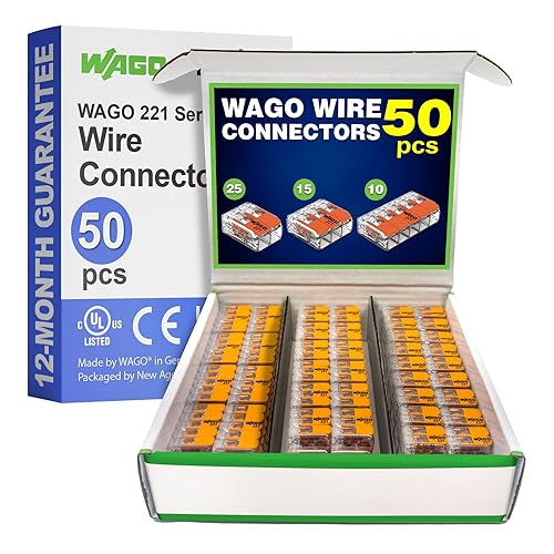 WAGO Serie 221 - Conectores compactos de alambre de empalme, paquete surtido de 50 piezas Surtido de la serie 221 con funda, incluye (25 x