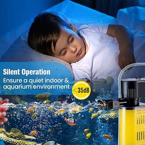 Miniatura 5 de Filtro de acuario para acuario de 20 a 50 galones, filtros ultrasilenciosos para pecera, filtración bioquímica de 200 GPH, potente bomba sumergible