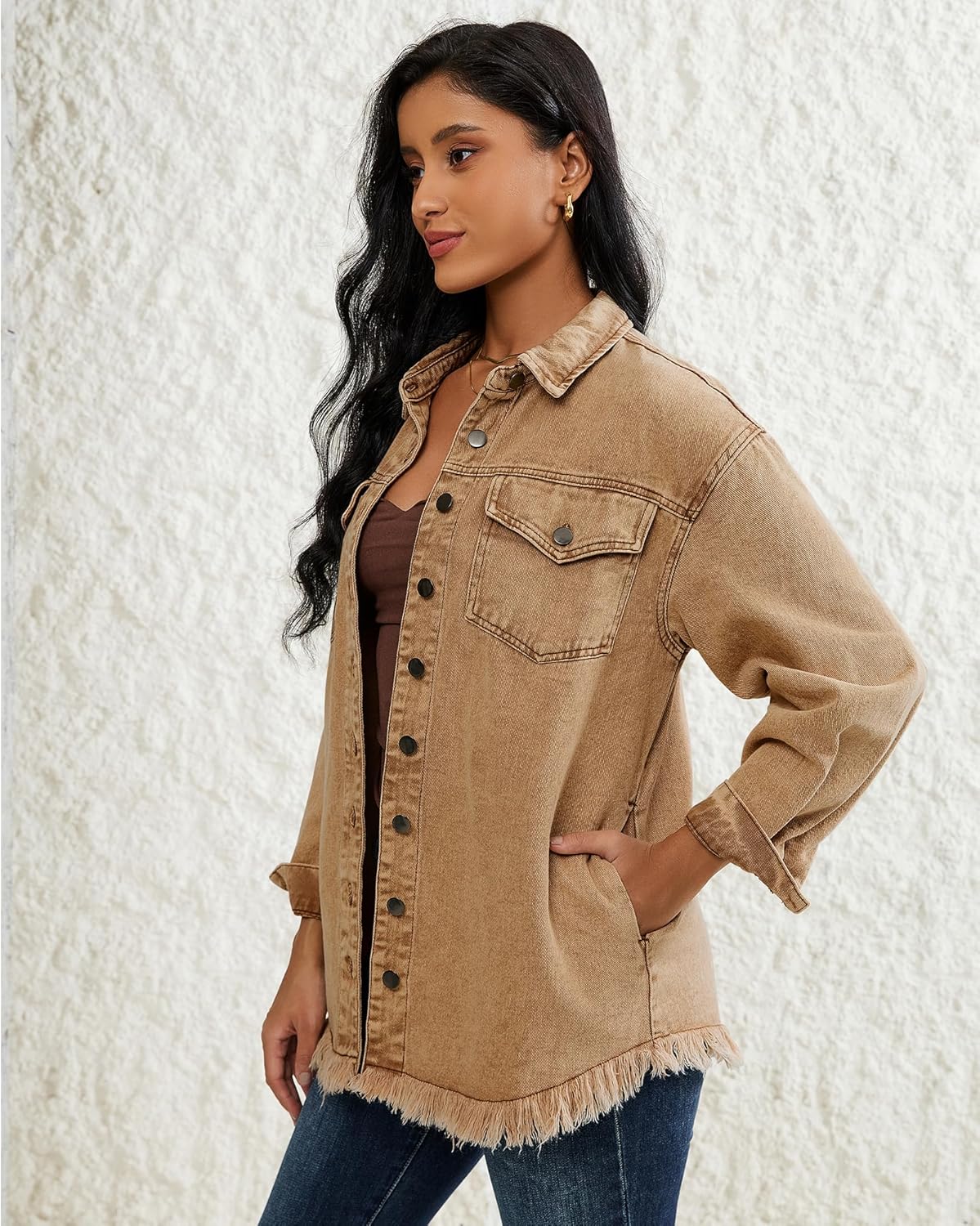 LookbookStore Jean Jacket Women Trendy Oversized Button Down Long Sleeve Frayed Hem Denim Shirt Jackets Distress Shacket - Image 4