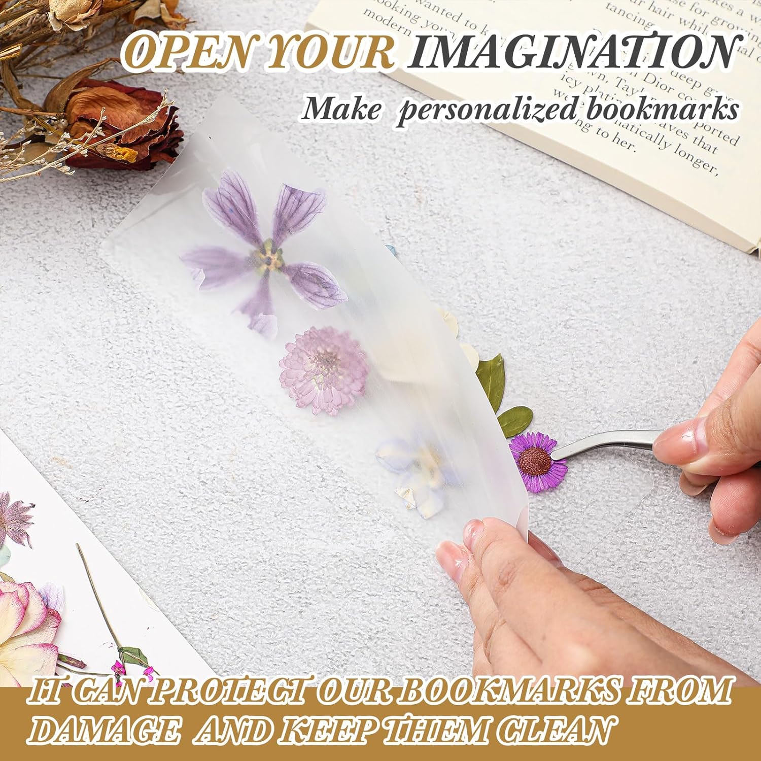 Fuyoooo 376 Pcs Dried Flower Bookmark Making Kit, DIY Bookmark Laminating Pouches with Tassels and Puncher DIY Project Gifts for Mother's Day Women Book Lovers (Purple,2 x 8 Inch)