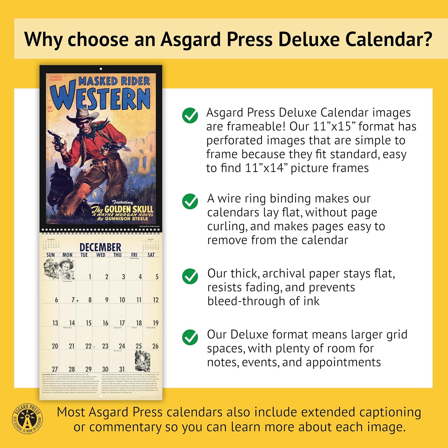 Asgard Press 2026 Vintage Pulp Westerns Deluxe Wall Calendar, 16 Months, Frame-Ready Pulp Western Magazine Prints with Commentary, 11”x30” (Size When Open)