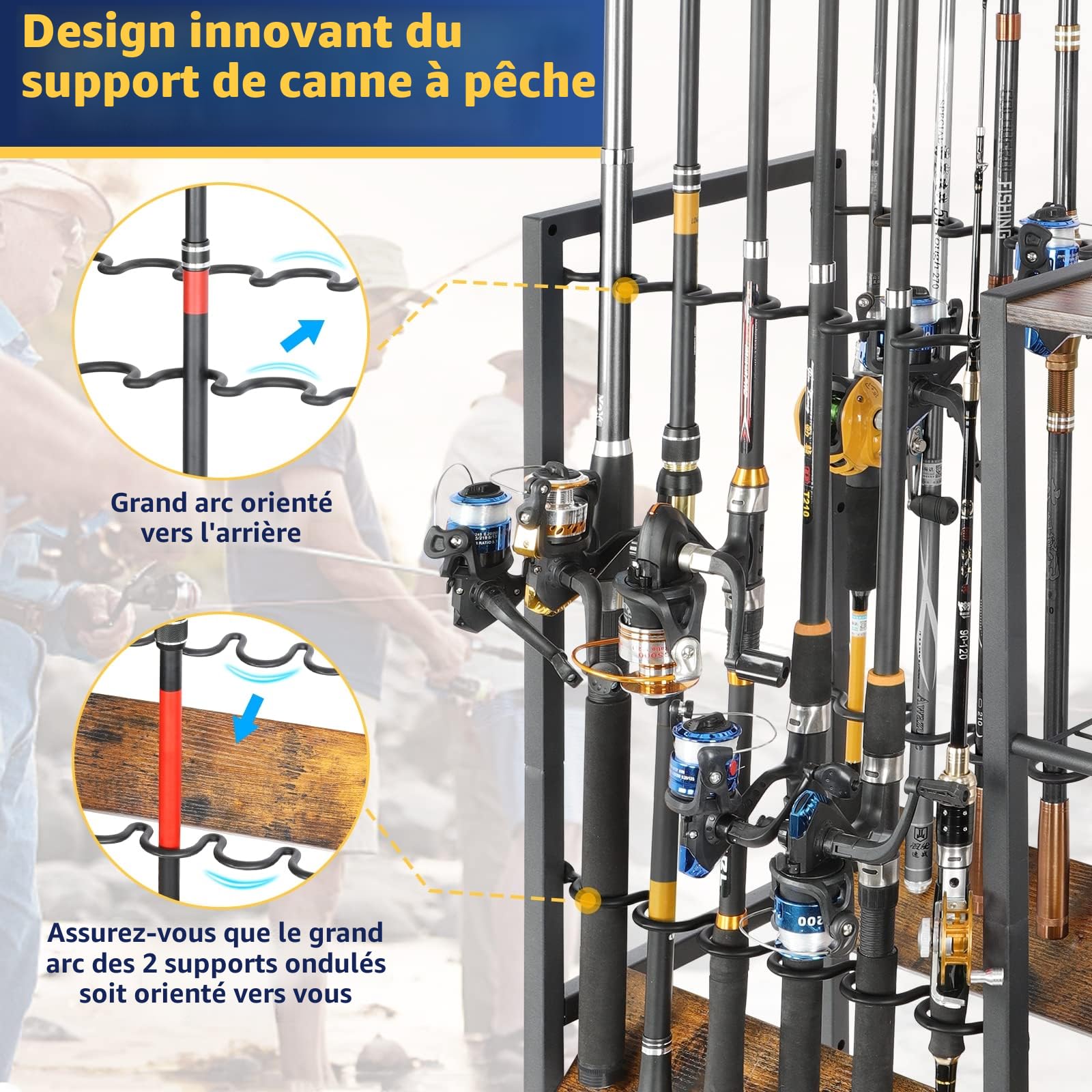 Bikoney Chariot de Rangement pour Cannes à Pêche 12 Supports – Porte-Cannes Mobile avec Roulettes, Organisateur d’Équipement de Pêche pour Garage, Maison ou Atelier, Idée Cadeau pour Homme