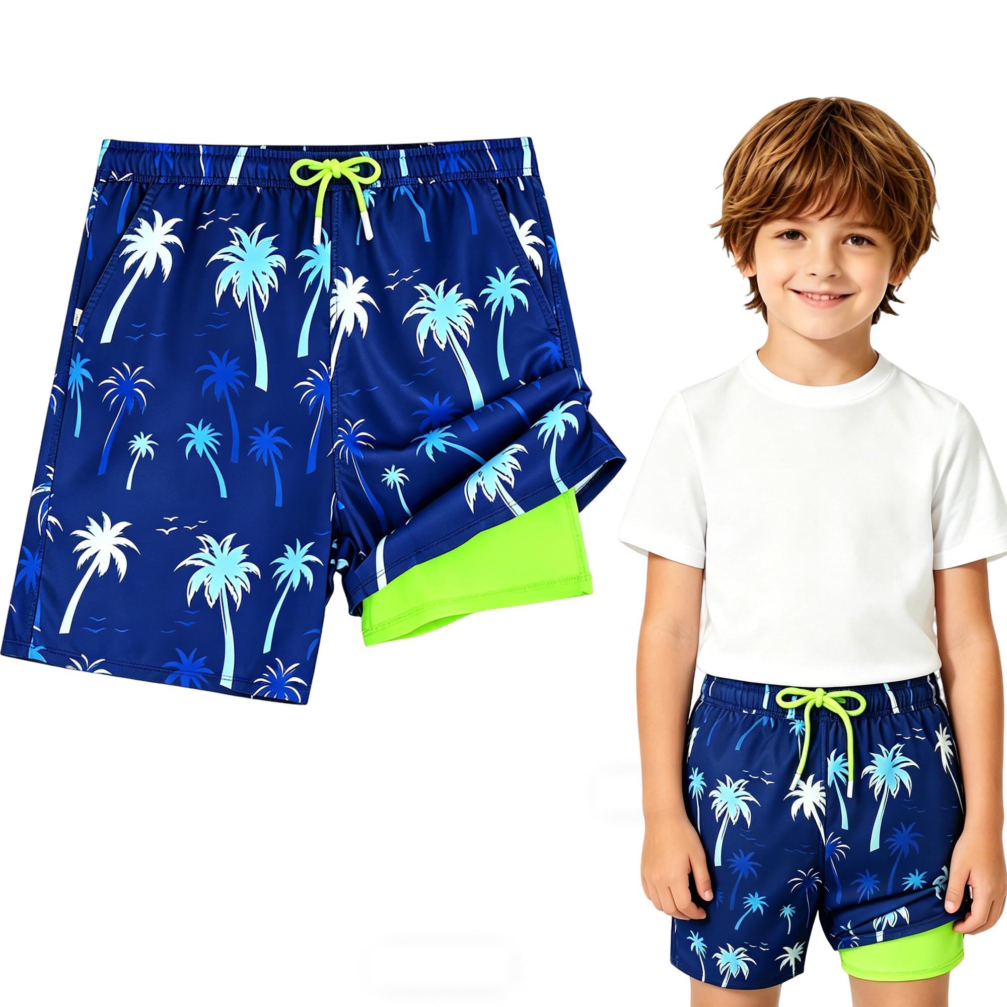 Badehose Jungen Badeshorts Kinder Jungen Schnelltrocknend mit Kompression Innenhose, 2 IN 1 Verstellbarem Tunnelzug Schwimmhose mit Taschen, Schwimmshorts mit Elastischer Bund für Strand, Pool, Urlaub