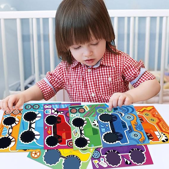 24 Sheets Cartoon Make a Face Stickers, Make Your Own DIY Stickers for Kids, Art Crafts Suitable for Birthday Party Supplies Gifts (Monster Truck)