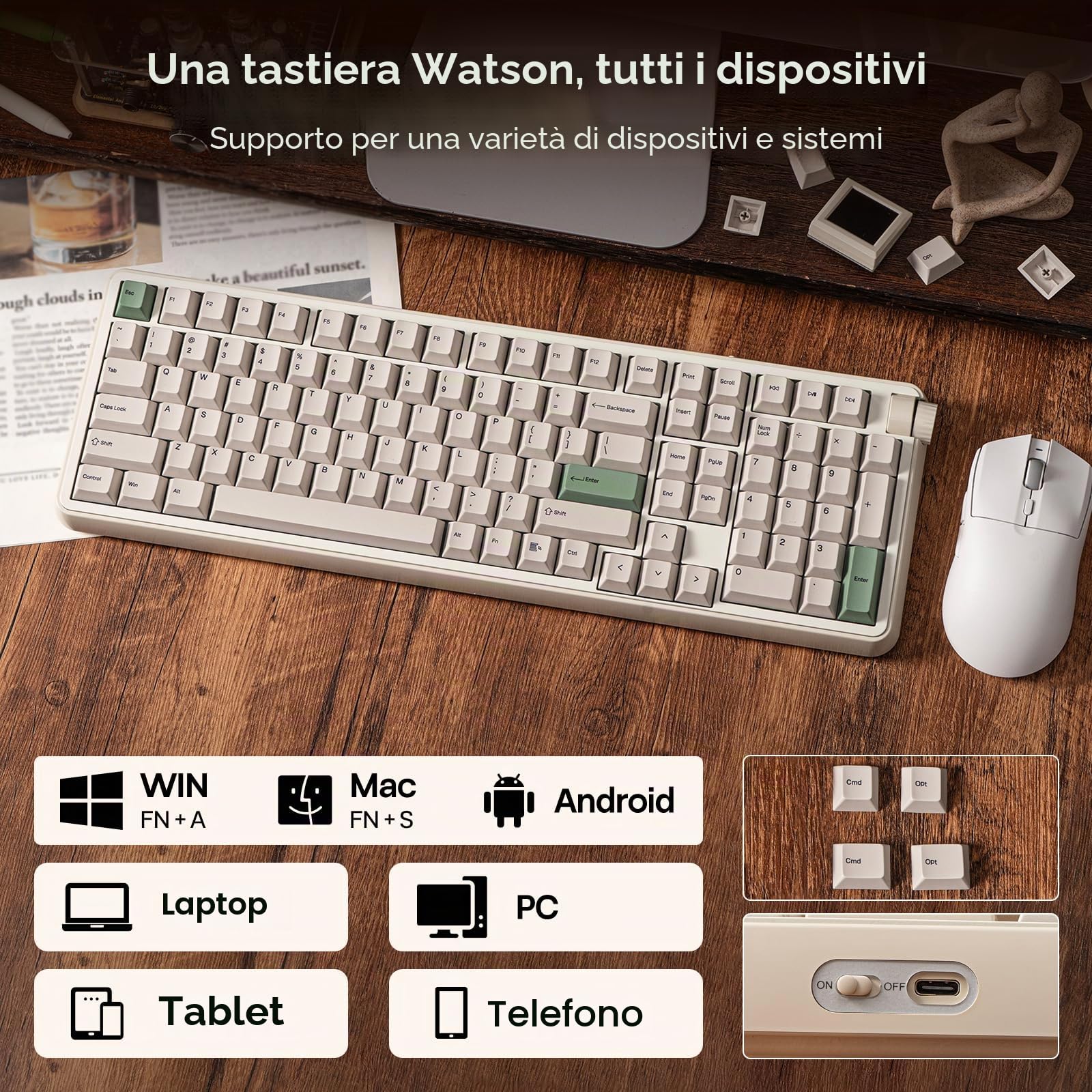 EPOMAKER RT100 PRO Tri-Mode Tastiera Meccanica, 1.54" Hot-Swap Screen, Knob, Retro PBT Keycap, Mac Keys, Thocky Gasket, Custom Driver, RGB, BT/2.4G Wireless Gaming Keyboard (Bianco, Sea Salt Silent)