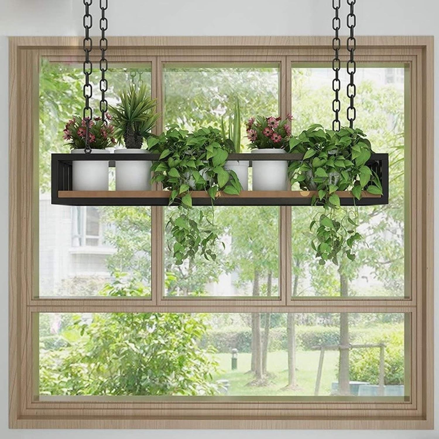 天井吊り下げ式鍋パンラック 120cm キッチン収納棚 フラワースタンド モダンファッション 創造性 木製 金属 長方形スタンド (