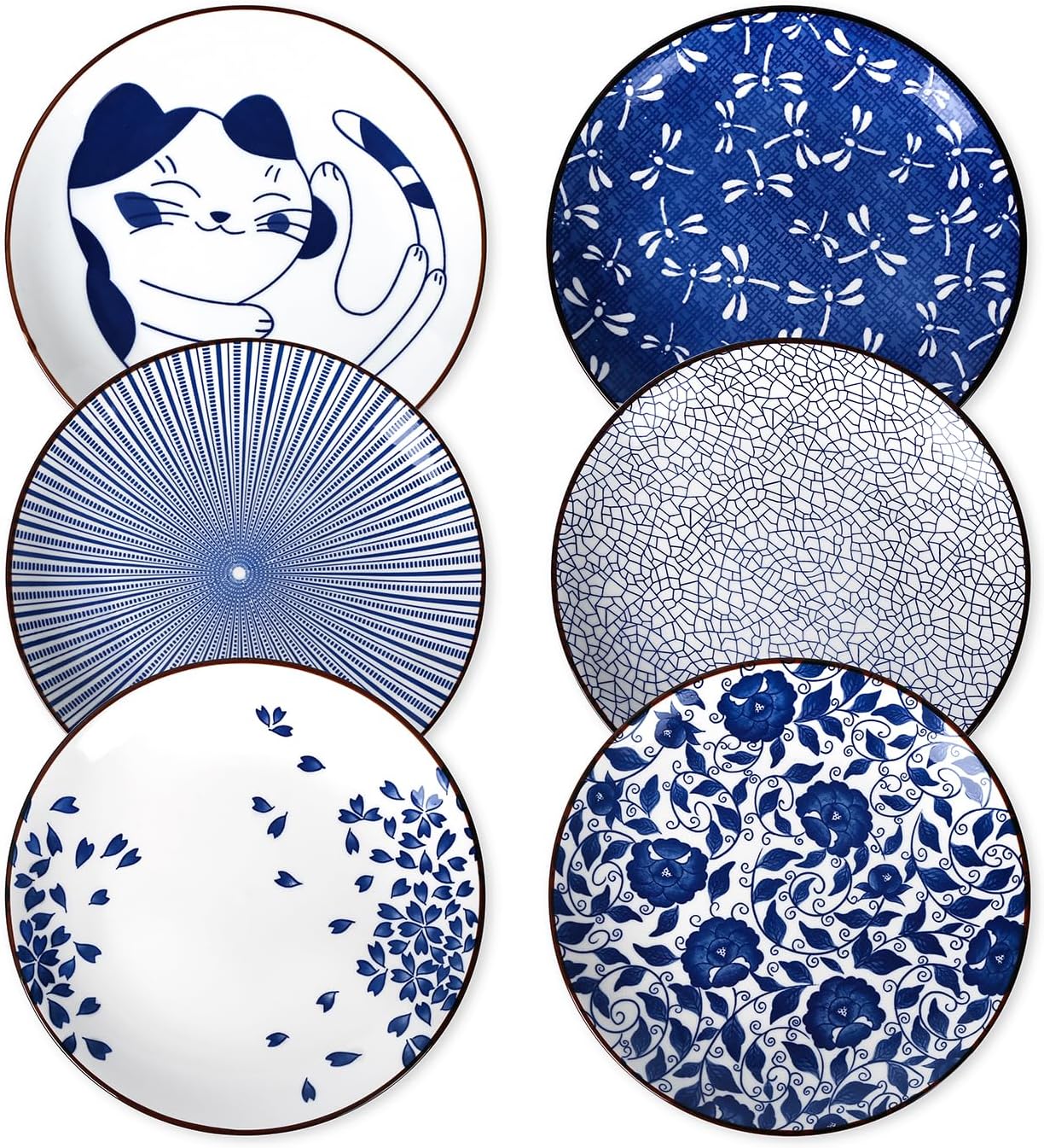 Selamica 8 Inch Ceramic Dessert Plates, Appetizer Plates for Serving Snacks Pasta, Microwave Dishwasher Safe, Set of 6, Blue