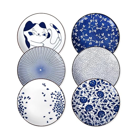 Selamica 8 Inch Ceramic Dessert Plates, Appetizer Plates for Serving Snacks Pasta, Microwave Dishwasher Safe, Set of 6, Blue