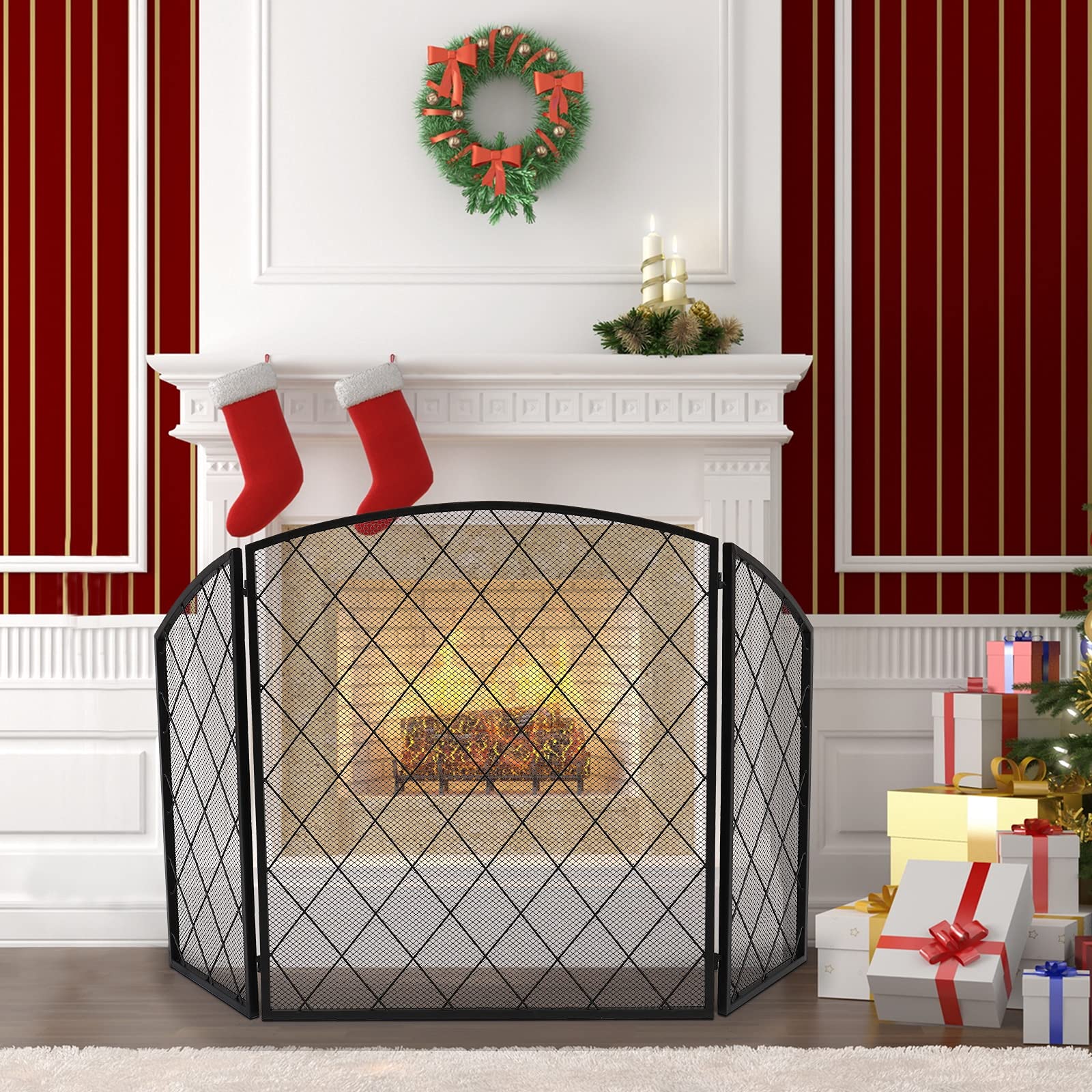 Schermi per Caminetti di Guardia Schermo Camino Tri-Fold Arc Top Thin Line Diamond Grid Decorative Iron 128x77x 1CM.Dimensione dispiegata Accessori per Caminetti in Rete Decorativa