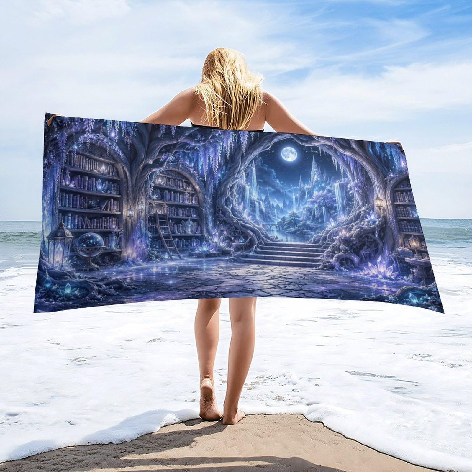 Anceky Enchanted Library Moonlight Beach Towel 30"×60",Soft Microfiber Bath Towel Shawl, Quick Dry Absorbent Pool Spa Gym Shower Towel