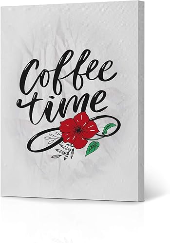 HB Art Design Coffee Time Vintage Style Quote Red Flower Canvas Print Wall Art Coffee Bar Decor Coffee Signs Kitchen Wall Decor Dining Room