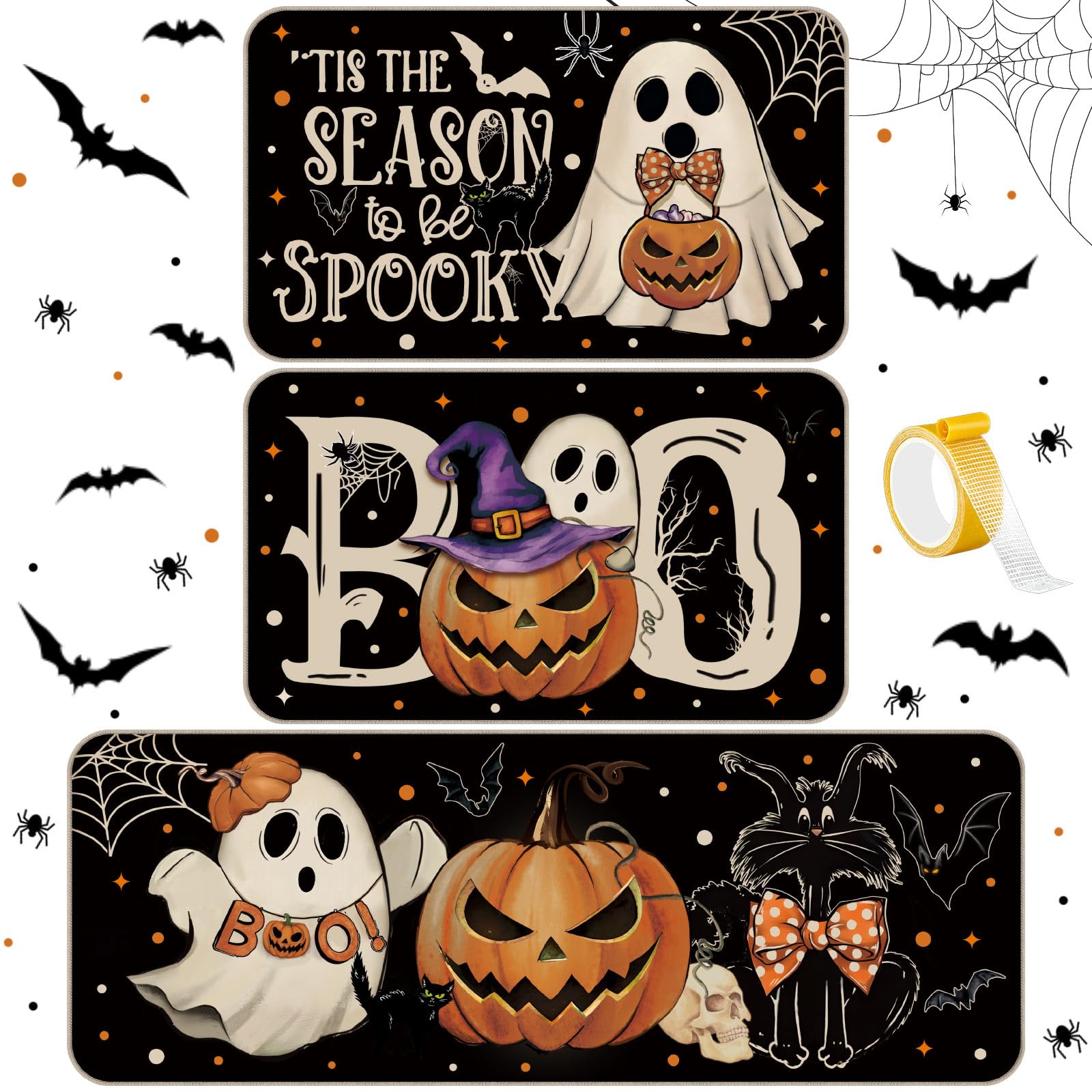 Tinideya 3 Pcs Halloween Ghost Kitchen Rugs and Mats Set Farmhouse Pumpkin Ghost Rugs Non Slip Halloween Kitchen Mat Cat Boo Floor Mats Halloween Decorations for Kitchen Bathroom Home Office(Black)