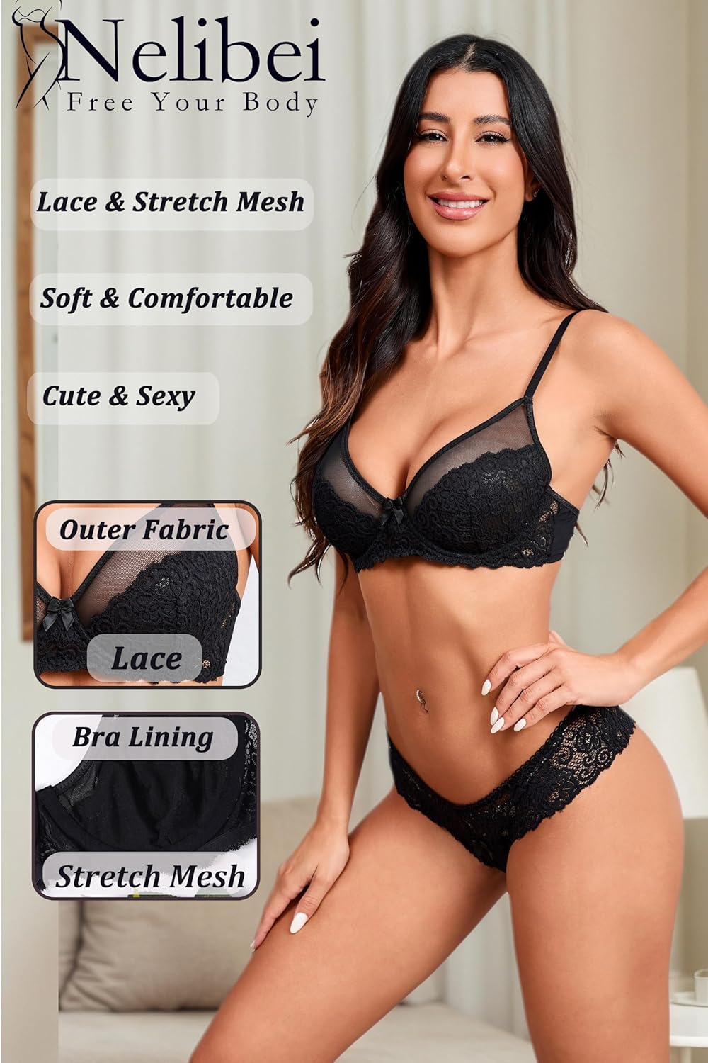 Lace Lingerie for Women 2 Piece, Push Up Bra and Cheeky Panty Sets for Women,Comfortable Womens Sexy Lingerie - Image 4