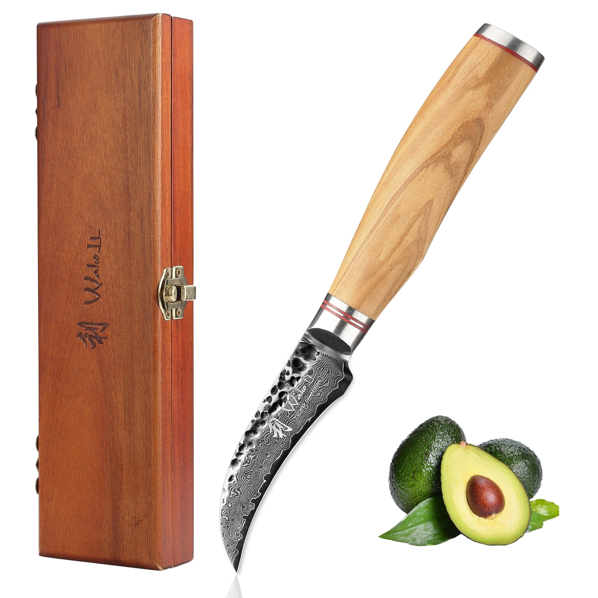 Wakoli Olive HS Schälmesser 7 cm Klinge aus 67 Lagen Damaststahl, VG10-Kern | Gebogene Klinge, Hammerschlag, Olivenholzgriff, 60 ± 2 HRC und beidseitiger V-Schliff zum Schälen, Putzen und Tournieren