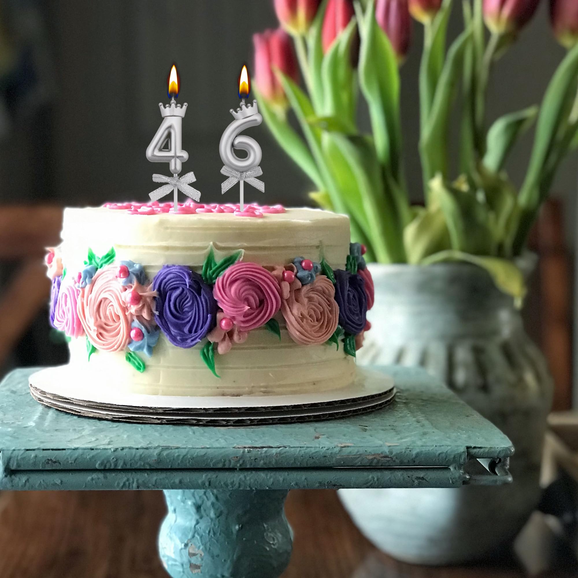 46 64 velas de cumpleaños, velas de pastel 46 y 64, velas plateadas con el número 46 y 64 velas para decoración de tartas para fiestas, hombres y mujeres