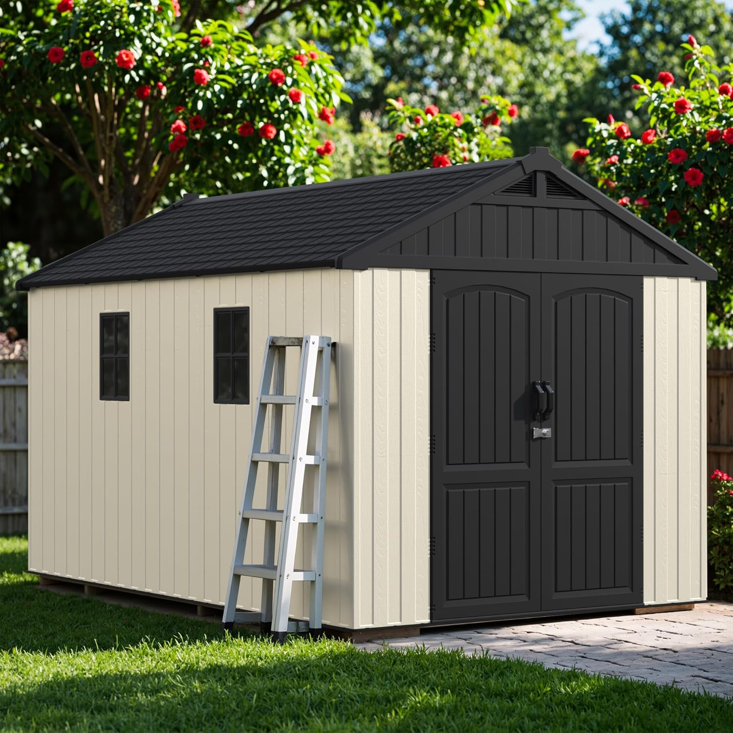 Greesum 8x12 FT Plastic Outdoor Storage Shed with Floor, Resin Sheds with Window and Lockable Door, Weather Resistant Organization for Garden, Patio, Pool Supplies, Beige