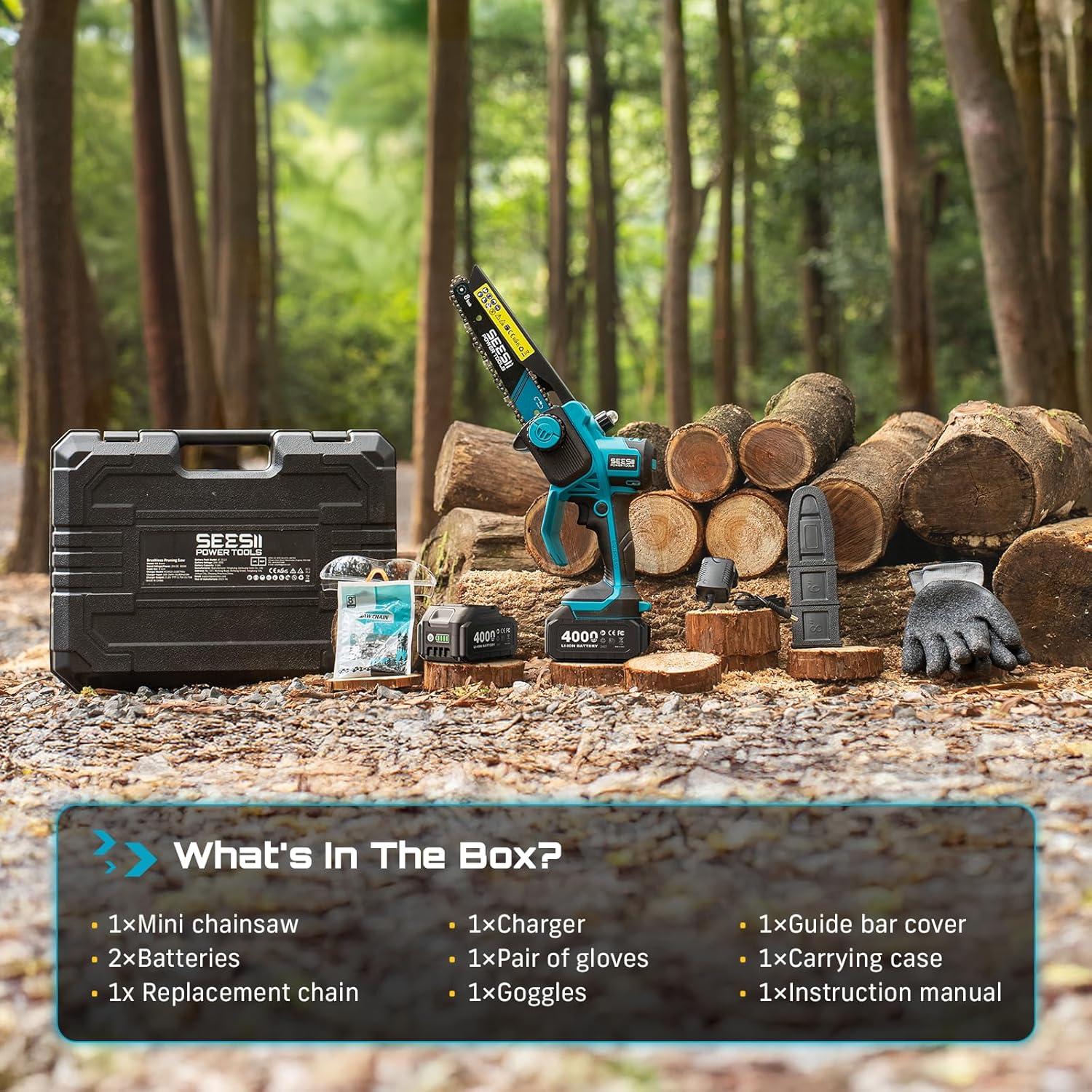 SEESII 8-Inch Cordless Mini Chainsaw, 2026 Upgraded Brushless Motor, Electric Chainsaw with 2×4000mAh Batteries, Tool-Free Chain Tension & Auto-Oiler, Handheld Tree Saw for Efficient Cutting - Image 9