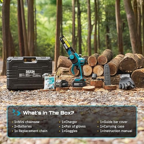 Miniatura 9 de SEESII - Mini motosierra de 8 pulgadas sin cable, motor sin escobillas mejorado 2025, motosierra eléctrica con 2 baterías de 4000mAh, tensor de