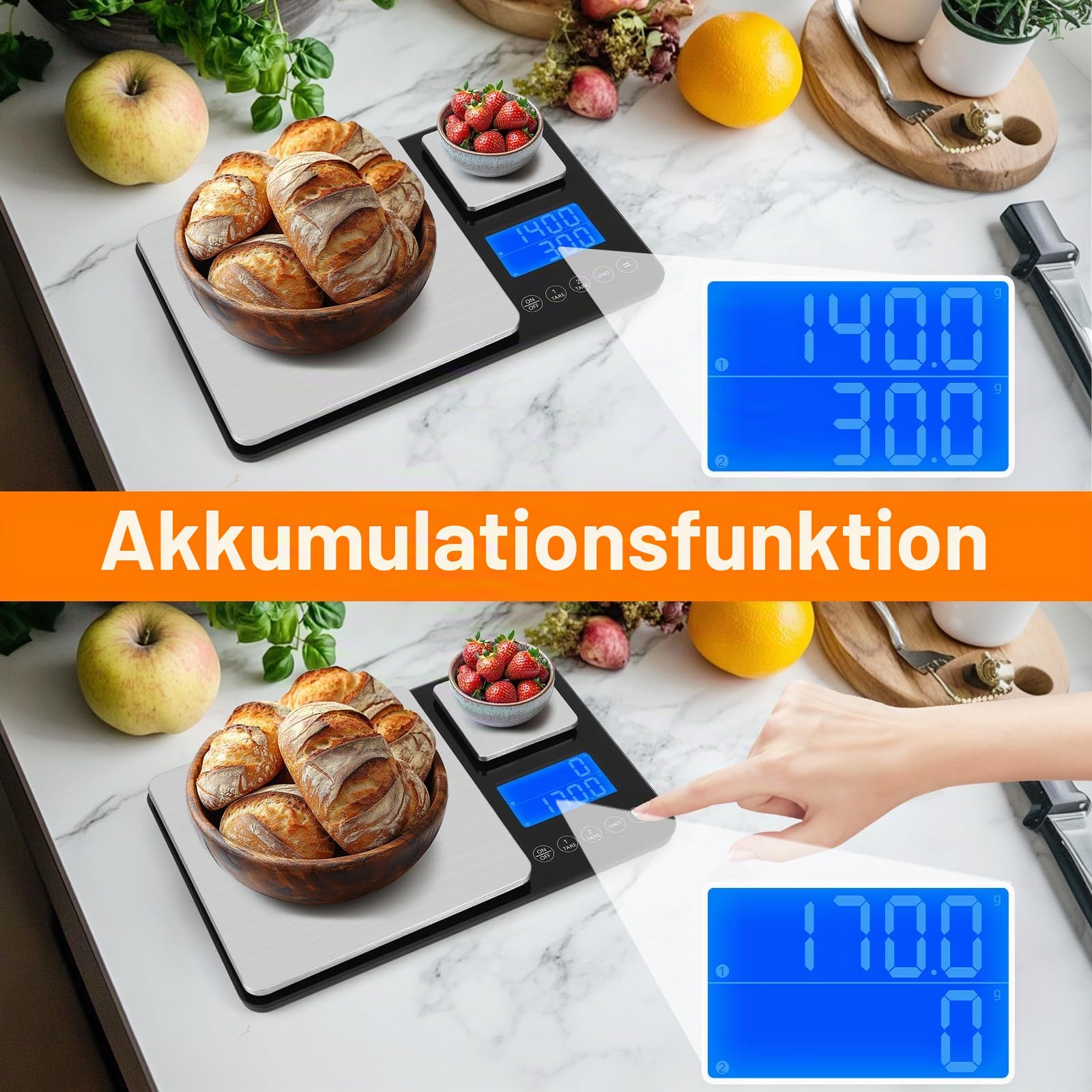 Küchenwaage mit Dualer Plattform, 15kg/1g & 500g/0.01g, Küchenwage mit 7 Einheiten, Summierungsfunktion und Tara Funktion, Kitchen Scale, Waage Küche zum Backen und Kochen