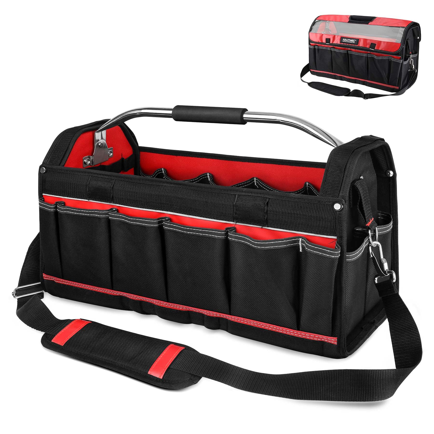 Husky 20" Heavy-Duty Tool Tote Bag with Waterproof Clear Cover, Open Top Large Tool Bag with Rotating Handle, Rigid Frame, Wear-Resistant Hard Base & Padded Shoulder Strap – HT0296