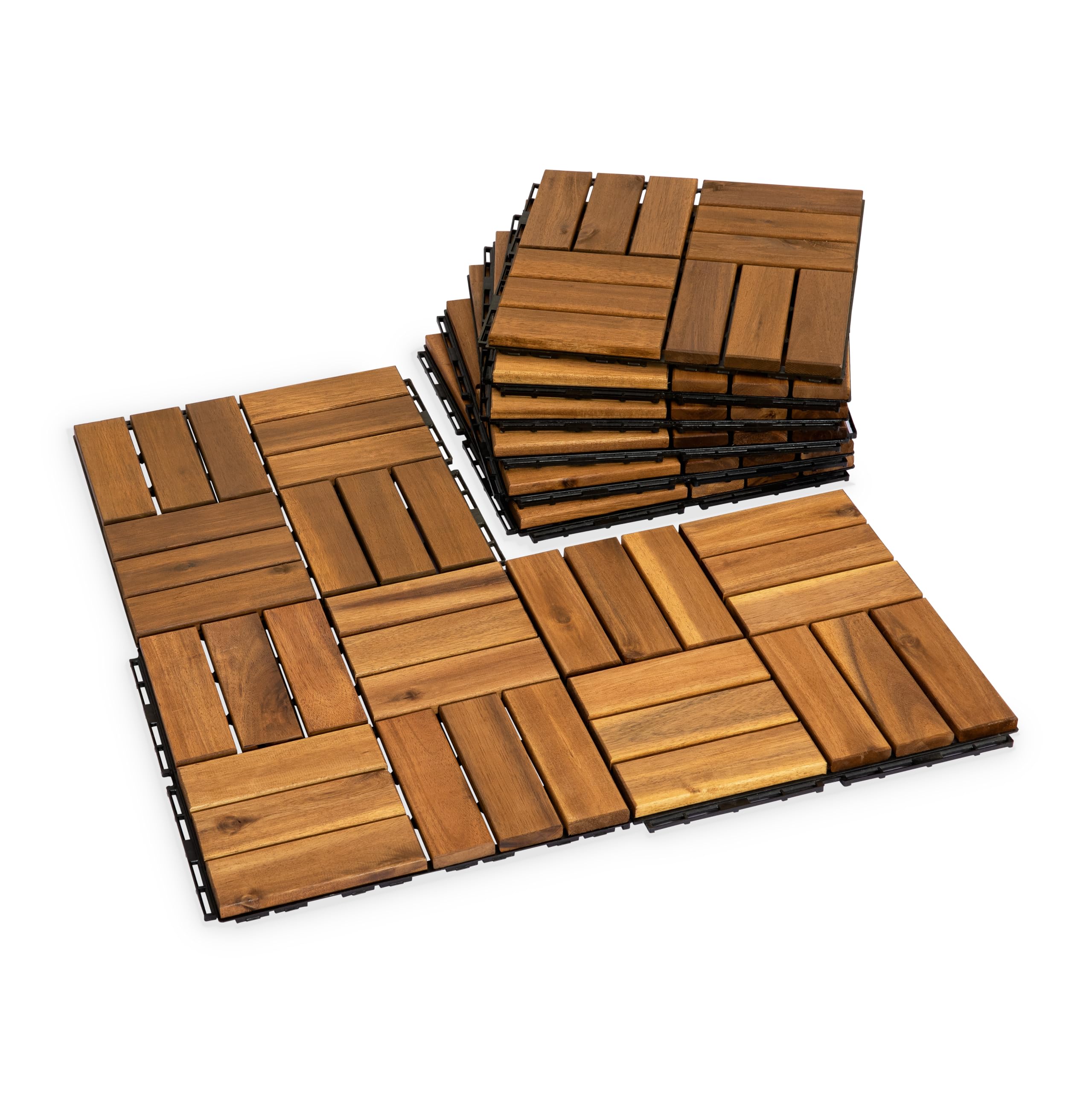 Interlocking Acacia Wood Deck Tiles, 9-Pack, 12 Slats, Waterproof Outdoor Flooring for Patio, Balcony, Garden – Natural Finish, 12.2" x 12.2" x 0.7"