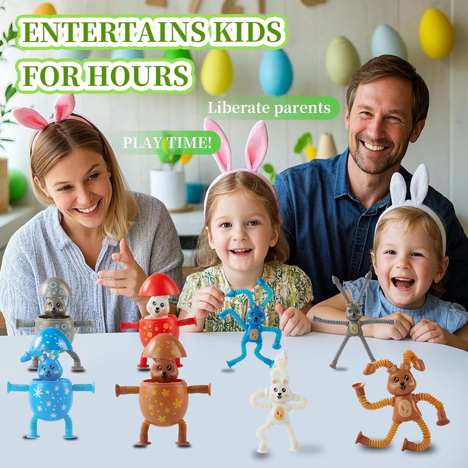Telescopic Suction Cup Easter Bunny Pop Tube Toy – Easter Egg Fillers Basket Stuffers Essentials Sensory Fidget Gifts Party Favors（4pcs）