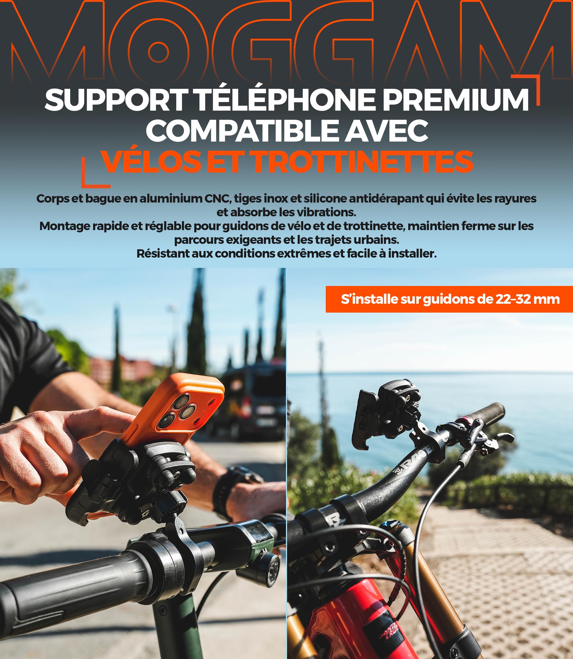 Support Telephone Moto Antivibration Aluminium CNC Double Fixation Guidon 22-32mm Rétroviseur 12–14 mm Libération Rapide Design Ouvert Compatible Scooter Vélo Trottinette Électrique Rotation 360°
