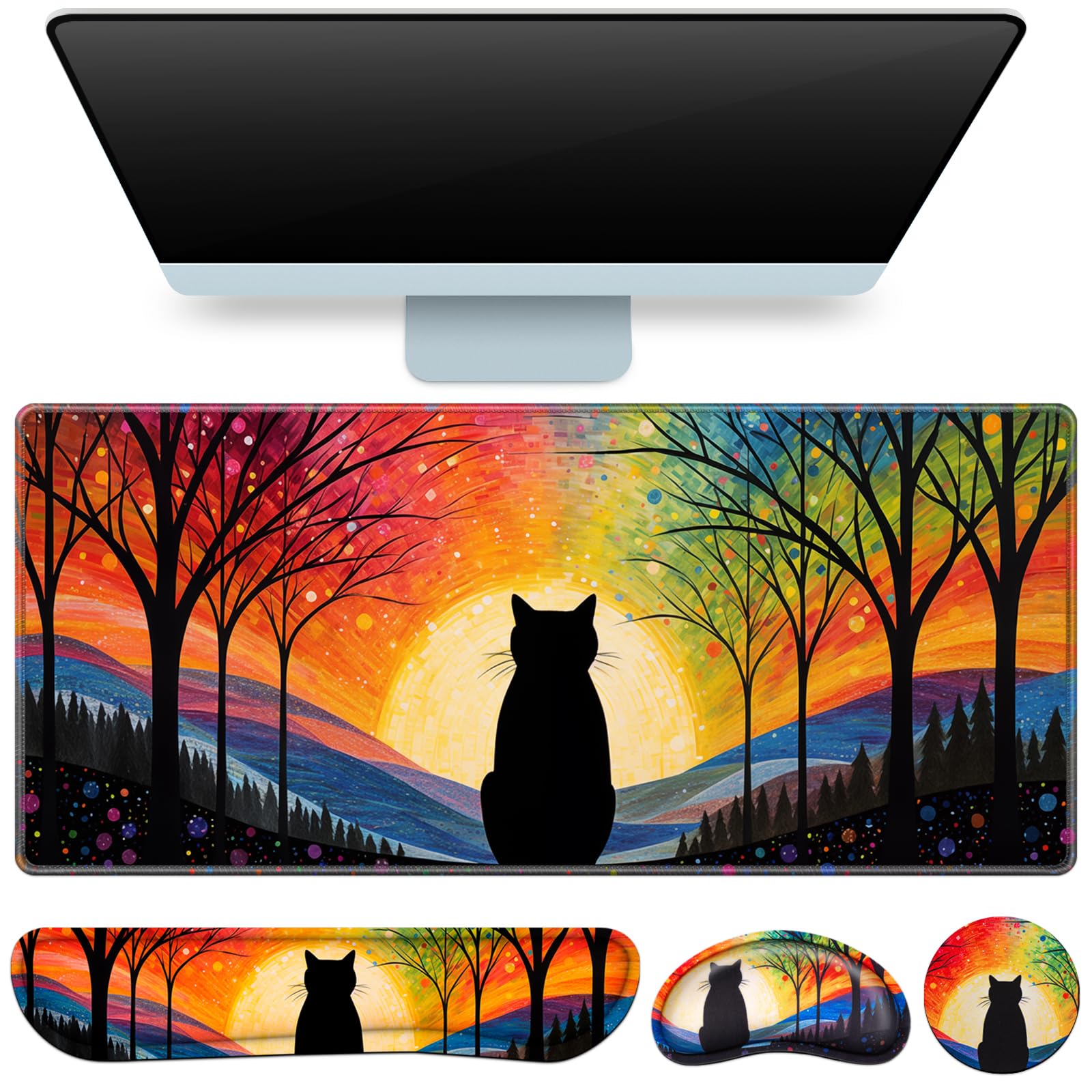 QOMOLAMA Mouse Pad with Wrist Rest Black Cat, 4-in-1 Large Mousepad+Keyboard Wrist Rest+Mouse Pad Wrist Support+Cup Pad Set,Ergonomic Mousepad,Memory