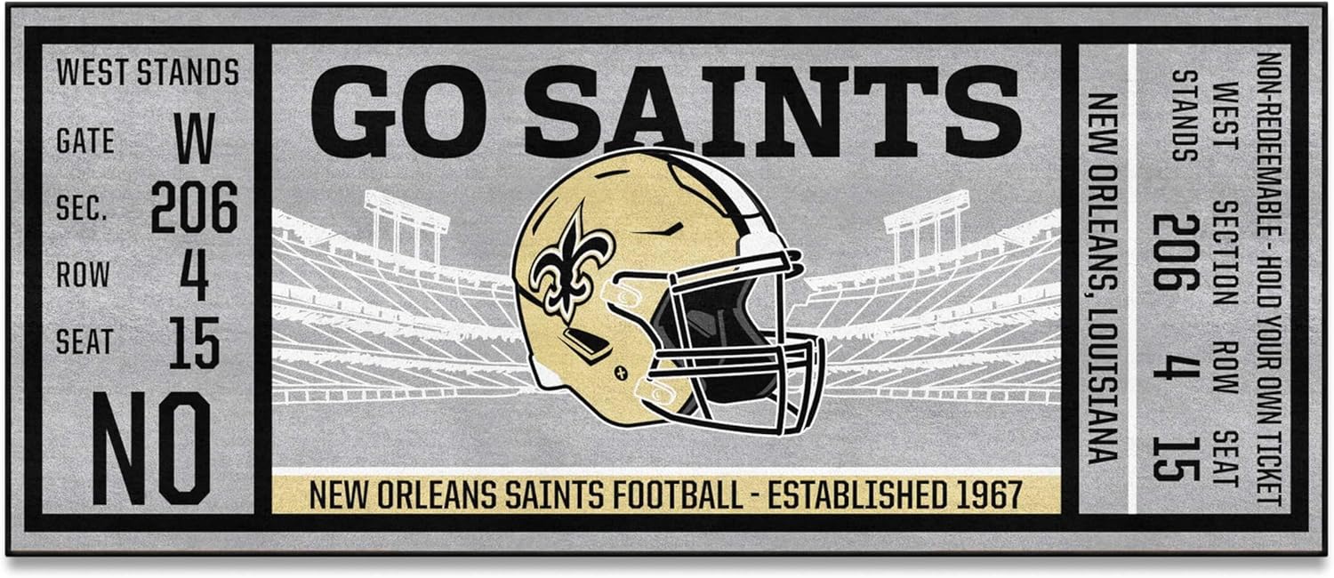 FANMATS 23129 NFL New Orleans Saints Ticket Design Runner Rug - 30in. x 72in. | Sports Fan Area Rug, Home Decor Rug and Tailgating Mat