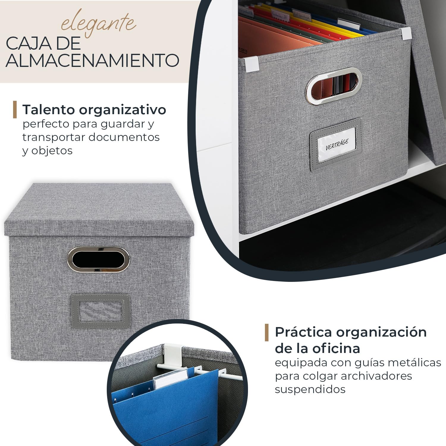 HMF Caja de almacenamiento con tapa para carpetas colgantes DIN A4 | Apto para Kallax | 33 x 37,5 x 28 cm | Gris