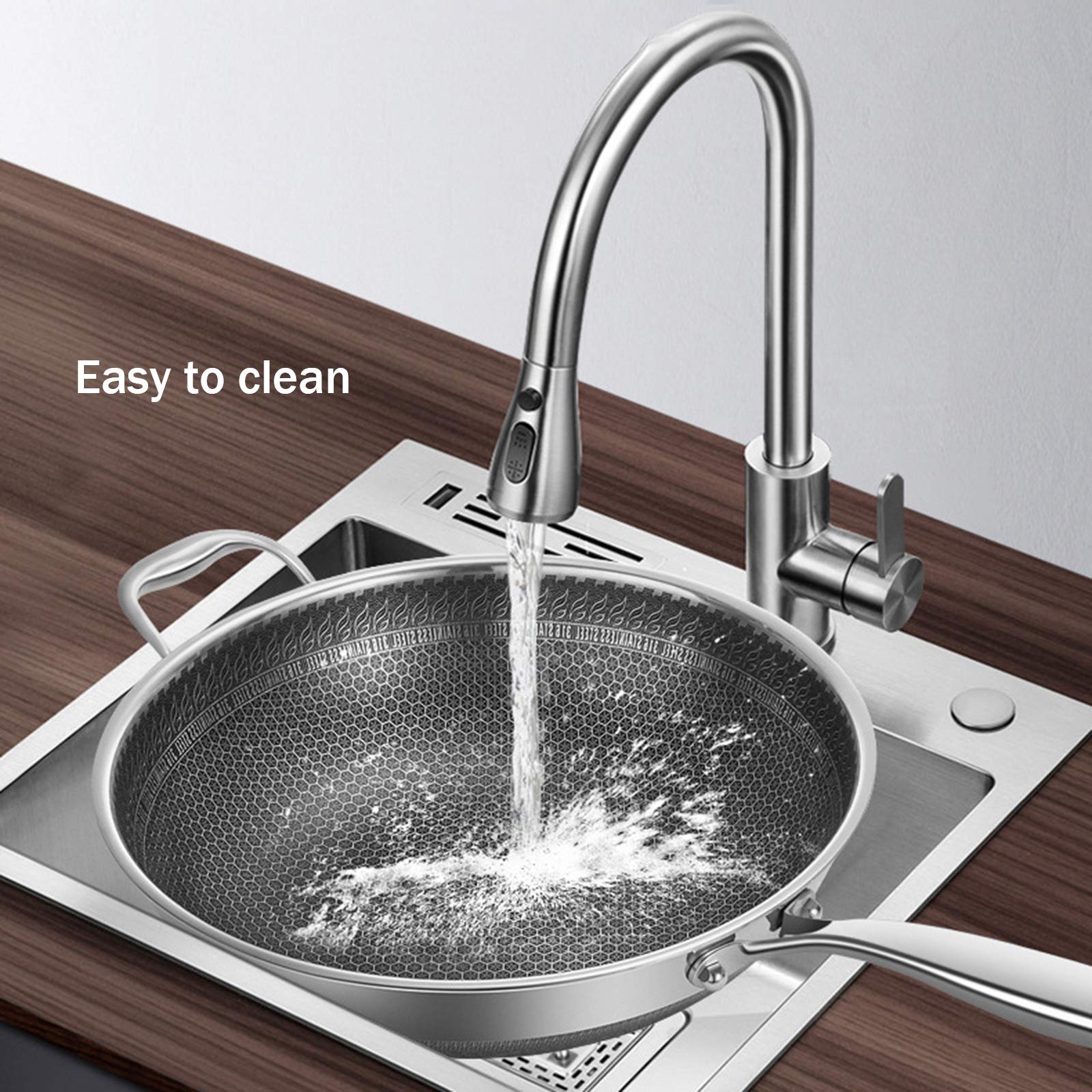 Sartén Wok De Acero Inoxidable con Tapa De Vidrio Templado, Sartén Wok De Doble Cara con Diseño De Panal para Cocinas De Gas, Eléctricas E Inducción.