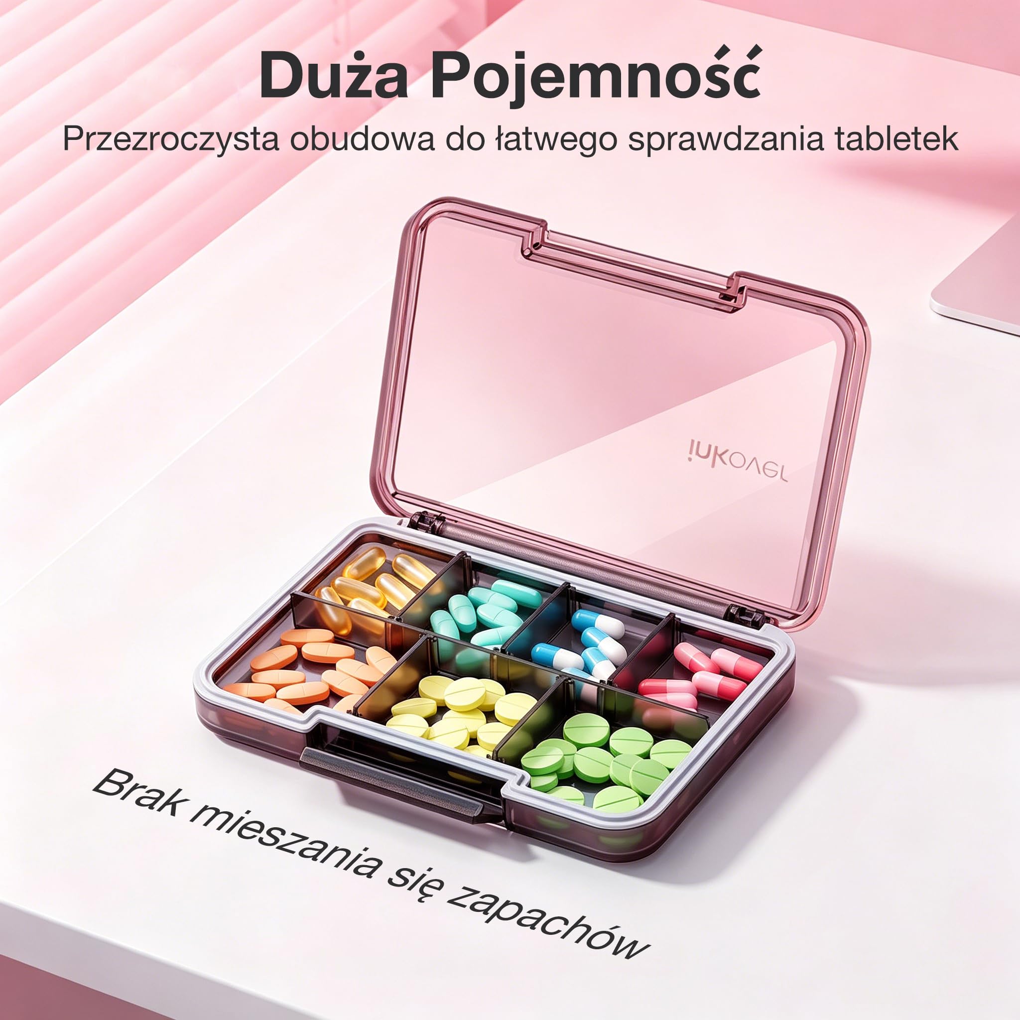 Ultra Cienki Organizer na Tabletki QUARDINE, Etui do Torebki z Wyjmowanymi Przegrodami i Silikonową Uszczelką Chroniącą Przed Wilgocią, Przenośna Podróżna Pudełko na Leki z 7 Komorami (Różowy)