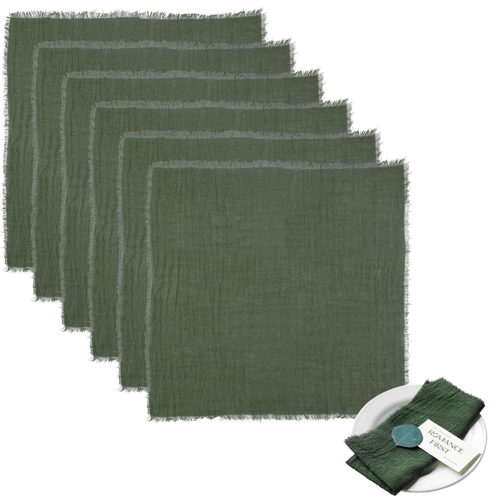 6 PCS Cloth Napkins 42 X 42cm Dinner Table Cotton Napkins Cotton Meal Mat With Fringe Versatile Square Rustic Fringe Napkins for Dinner, Wedding and Parties (Olive green) โ image 1