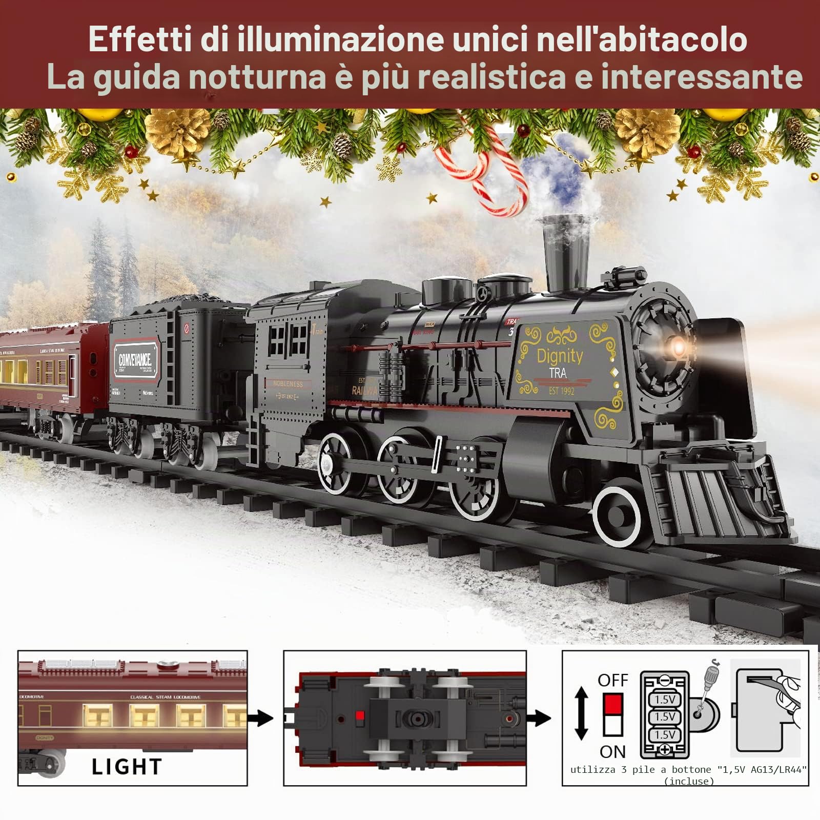 Set di treni per ragazzi in lega di metallo treni elettrici con locomotiva a vapore, kit ferroviari con fumo, luce e suoni regali di compleanno per bambini 3 4 5 6 7 8 anni + anni rosso