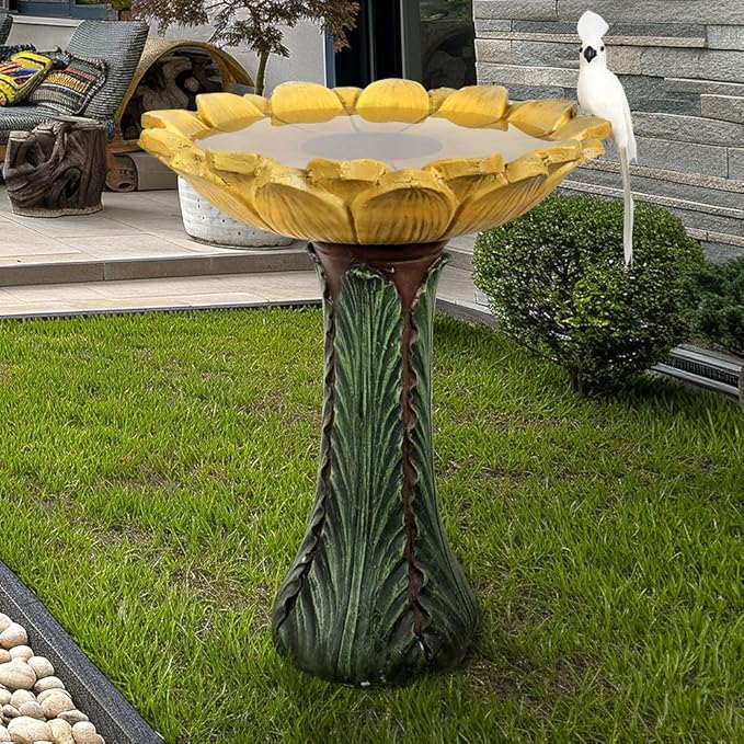 Sunflower Birdbath Bowl with Green Leaf Pedestal for Garden