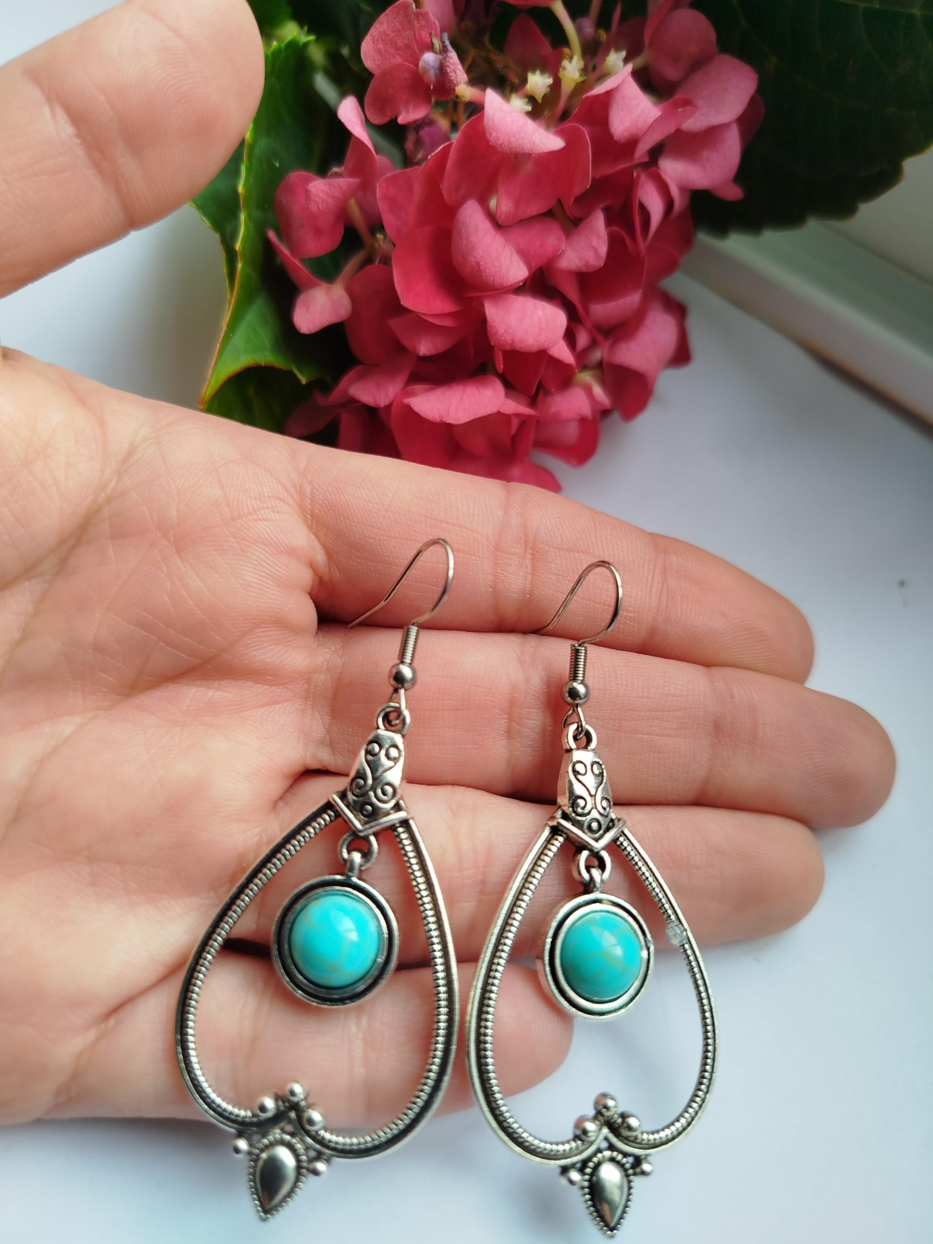 Pendientes Mujer Bohemios con Piedra Turquesa Colgante Estilo Vintage Largos Forma de Gota Plata Tibetana