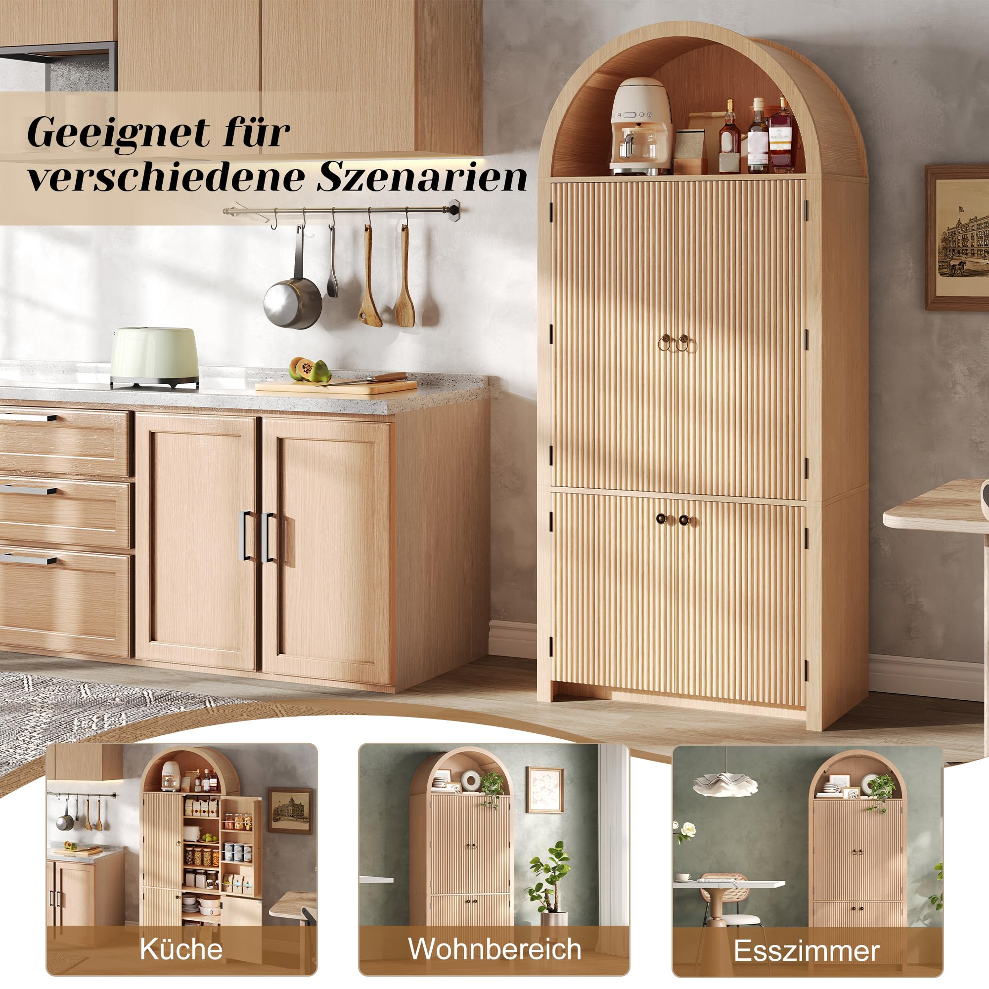 BTM Küchenschrank mit Türablagen und Offene Vitrine, Minimalistisch Bogenschrank Wohnzimmerschrank 180cm Holzoptik