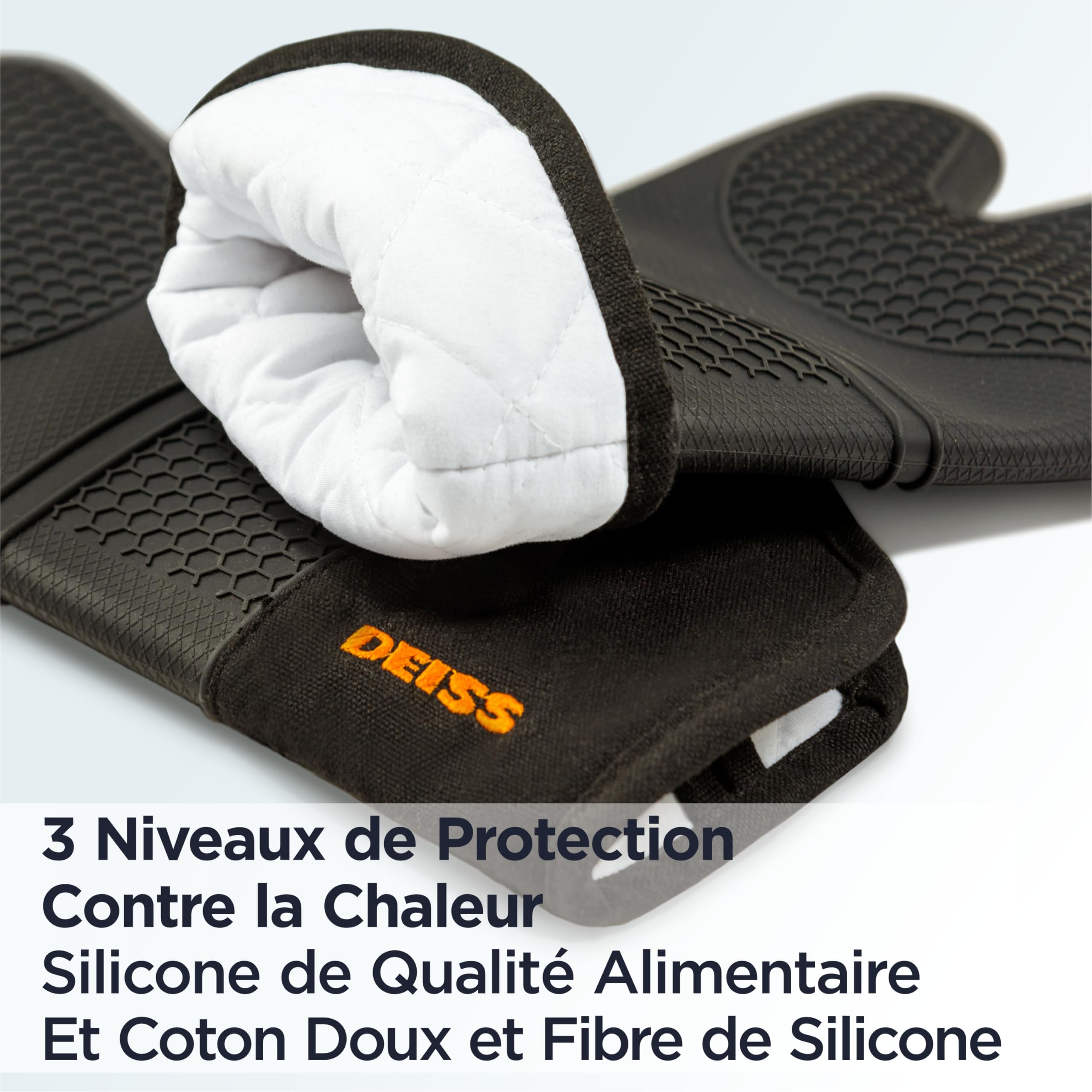 Deiss Pro Ensemble de Gants de Cuisine en Silicone résistant à la Chaleur et aux Taches, Gants de Barbecue en Coton Doux, imperméables, Gants de Cuisine Extra-Longs et Flexibles pour la Cuisson