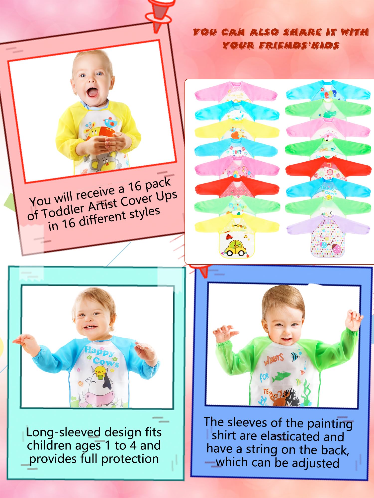 Flotory 16 Pcs Kids Painting Art Smock Waterproof Apron Long Sleeve Washable Smock for Boys Girls Crafting Eating Drawing Cooking, 16 Styles - Image 3