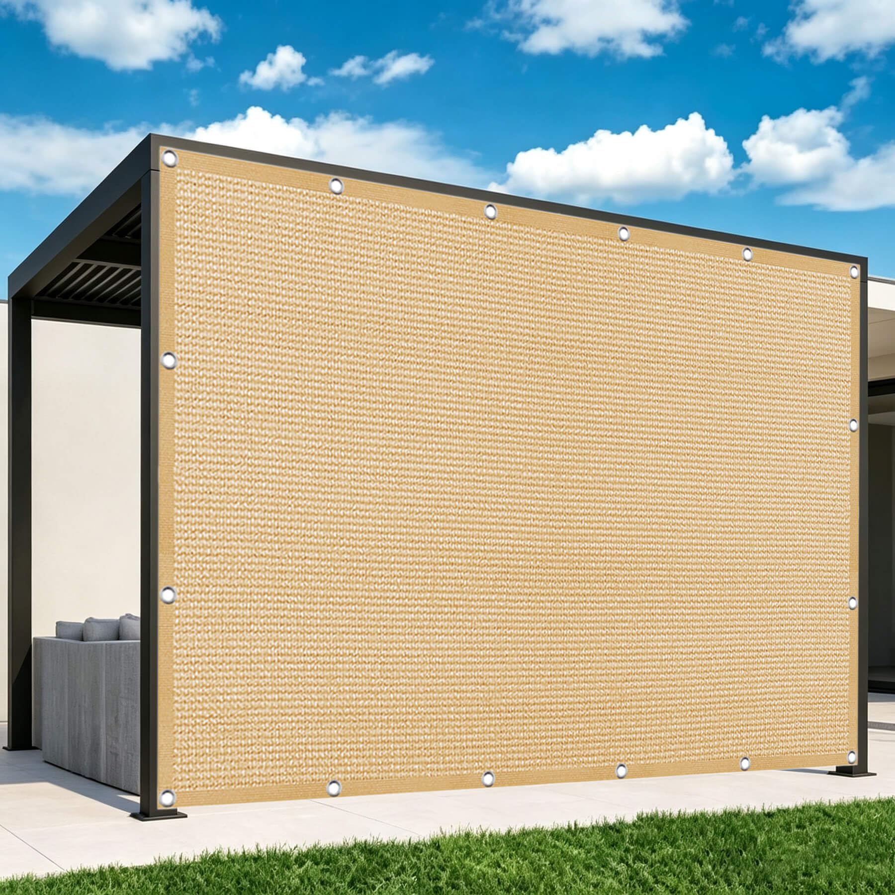 Vela Parasole 4 x 7 m in Tessuto Hdpe, Permeabile All'Aria e All'Acqua, Telo Ombreggiante Occhiellato Tenda da Sole Traspirante Rettangolare per Serra Cortile, Giallo sabbia