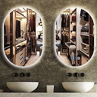 Vista 7 de Espejo de tocador ovalado retroiluminado de 16 x 24 pulgadas con luces, espejo ovalado iluminado para baño, antiniebla, 3 colores, regulable