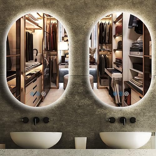 Miniatura 7 de Espejo de tocador ovalado retroiluminado de 16 x 24 pulgadas con luces, espejo ovalado iluminado para baño, antiniebla, 3 colores, regulable,