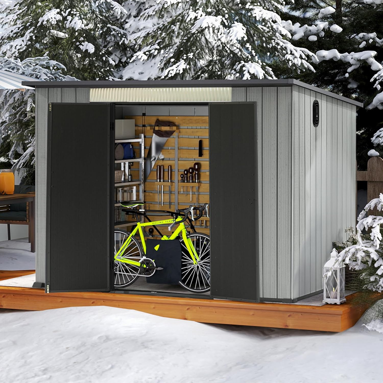 Domi 6.2x9.3 FT Outdoor Resin Storage Shed, All-Weather Double-Wall Storage Building with Sloping Roof for Backyard, Garden, Lawn Tools, Mower, Bike & Pool Equipment, Lockable Doors, Ventilated Roof