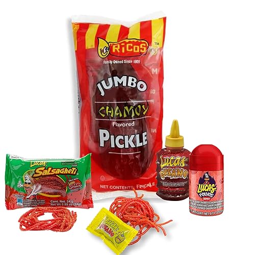 Chamoy Pickle Kit de 4 artículos Juego de pepinillos de lujo con pepinillo Ricos, Lucas Skwinkles Salsagheti mexicano dulce cuerdas, chamoy en
