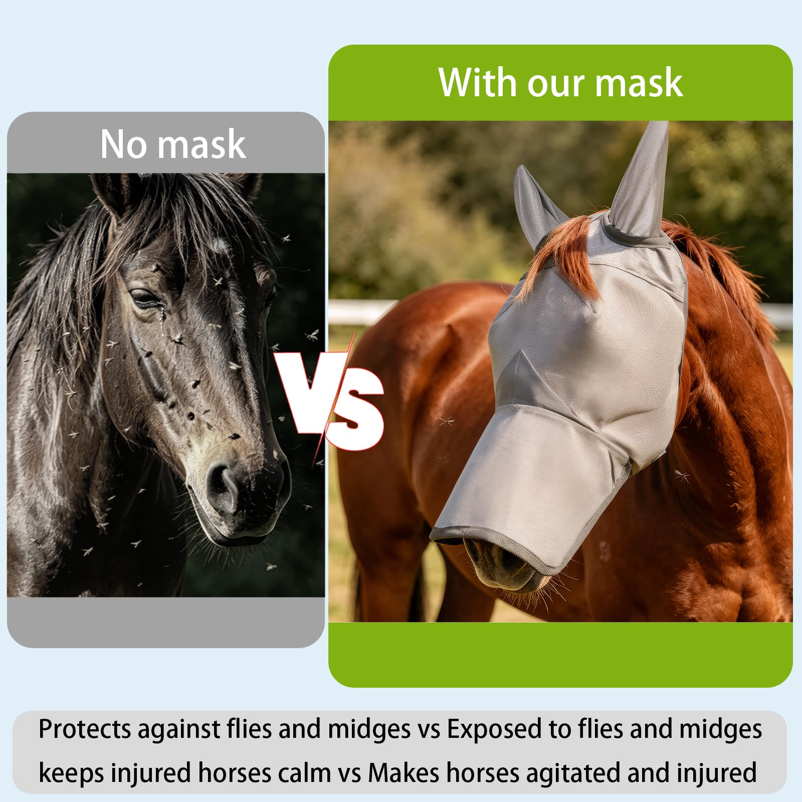 Raelitego Máscara de mosca de caballo con nariz, máscaras ajustables para caballos con orejas, protección UV contra plagas de insectos, malla cómoda sin nariz, tamaño medio, accesorios para caballos