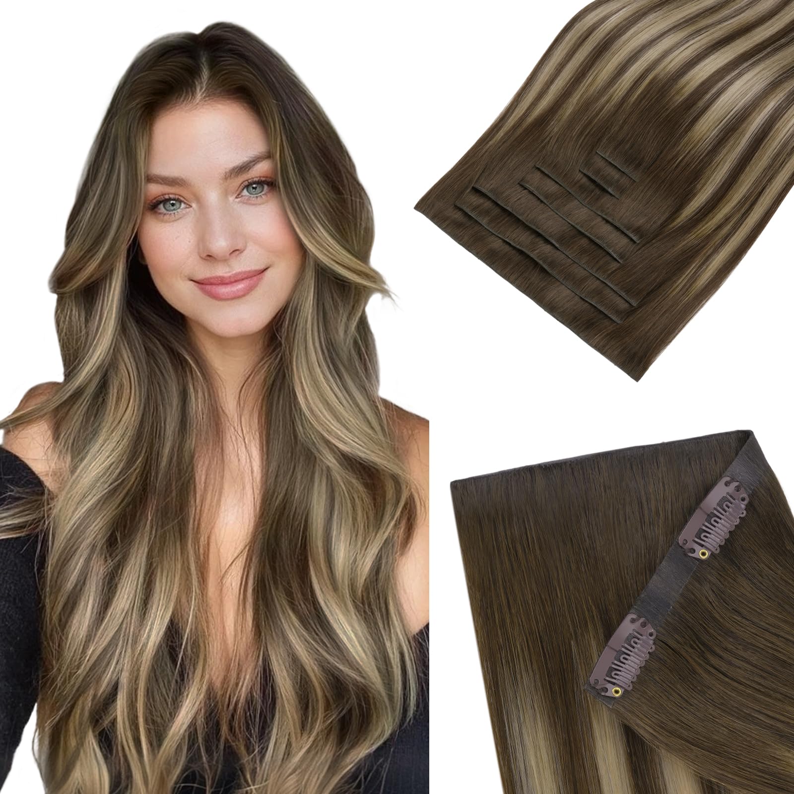 HOTBANANA Invisi Edge Clip in Hair Extensions, 16inch 110g 7Pcs Injected Seamless Clip in Extensions Real Human Hair Balayage Chocolate Brown to Honey