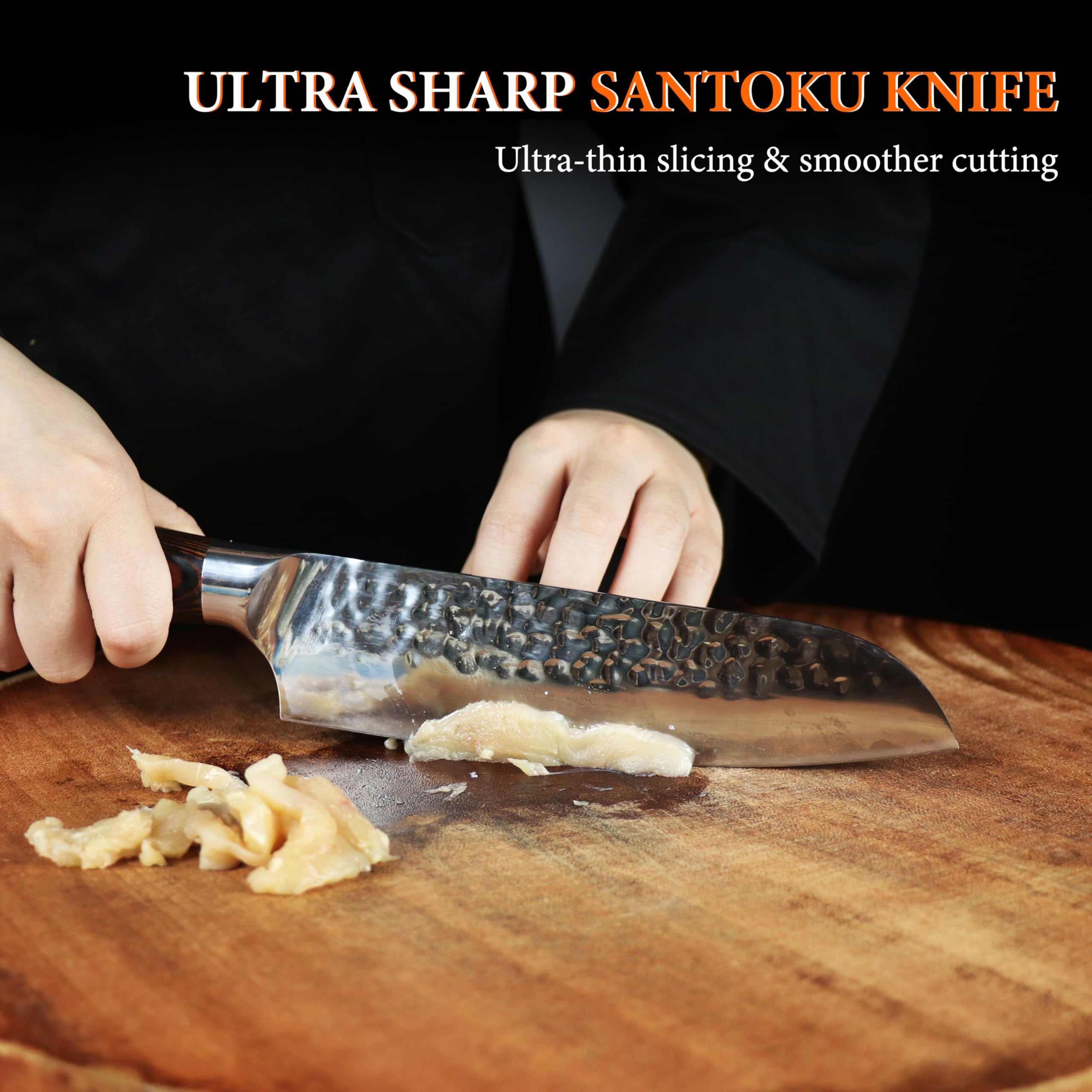 Kitory Santoku 17,8 cm – Style couteau de cuisine japonais, finition martelée, lame acier inoxydable allemand HC ultra-tranchante, manche en bois style bambou – Pour maison & restaurant.
