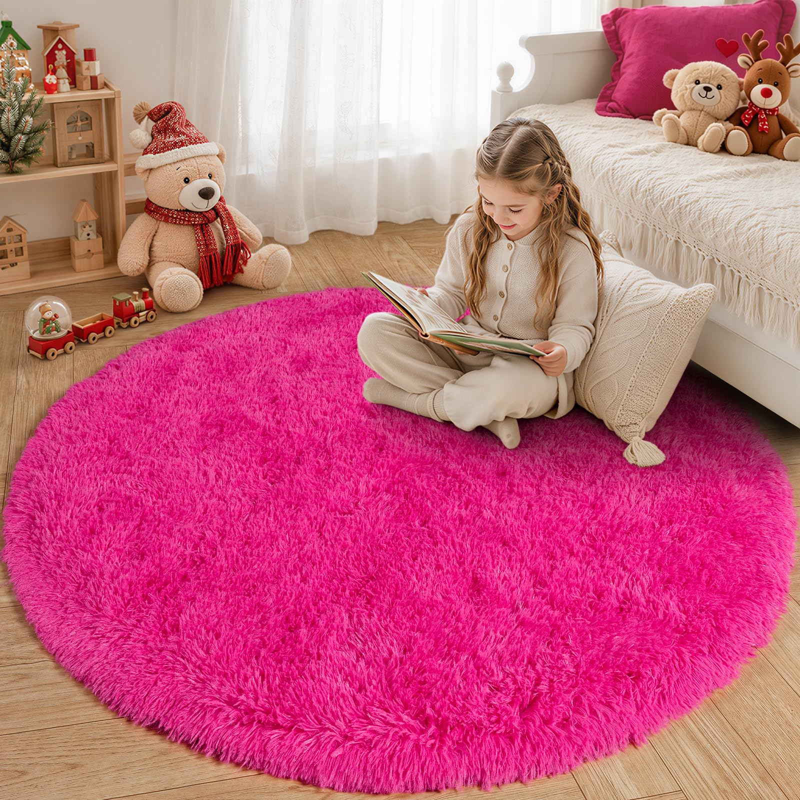 iEvery Hot Pink Round Shaggy Rugs 120cm, Soft Fluffy Living Room Carpets, Circle Rug for Girls Bedroom Non-Slip Plush Circular Floor Mat Long Pile for Nursery Playroom Kids Room